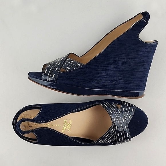 Modern Vintage Diva Wedge Slingback Blue Platform Peep Toe Shoe Sandal Sz 6 - Picture 3 of 16